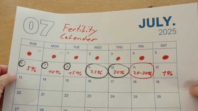 Close-up of a fertility calendar showing marked fertile days and changing conception probabilities during the monthly cycle.