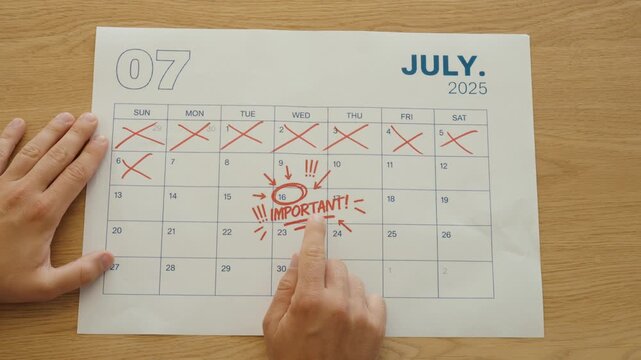Close-up of a person pointing at an important date after crossing off previous days on a monthly calendar, representing urgency, countdown and a major deadline.