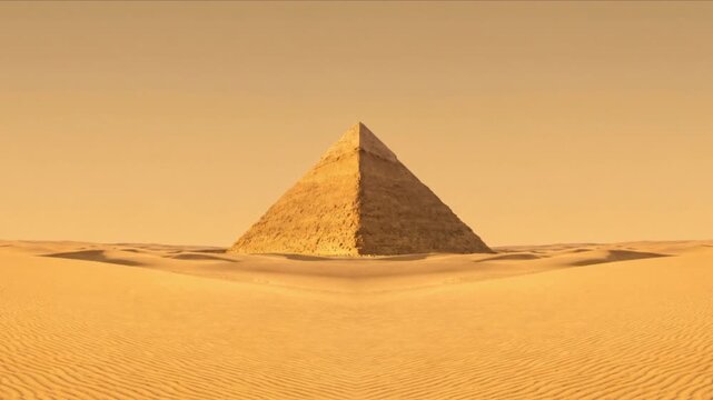 砂時計のくびれへズームインし広大な砂漠の古代ピラミッドへと入る3D映像