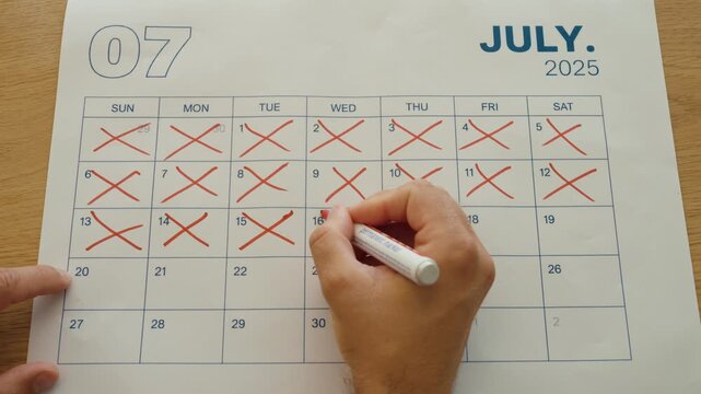 Close-up of a person crossing off calendar days until reaching a handwritten &ldquo;Last Day&rdquo; date, representing countdown, deadline and the end of a period.