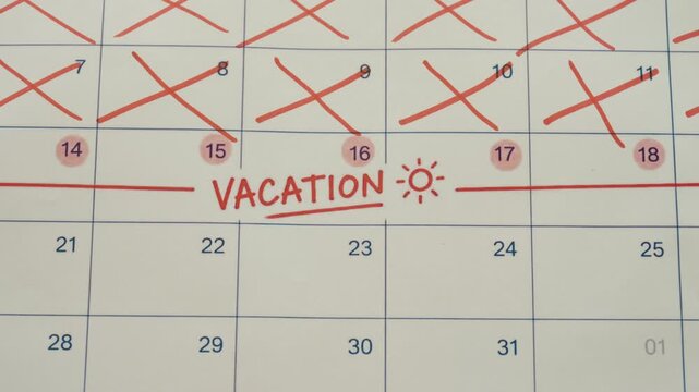 Close-up of a finger pointing at a marked vacation week on a calendar, representing holiday planning, time off and summer travel.