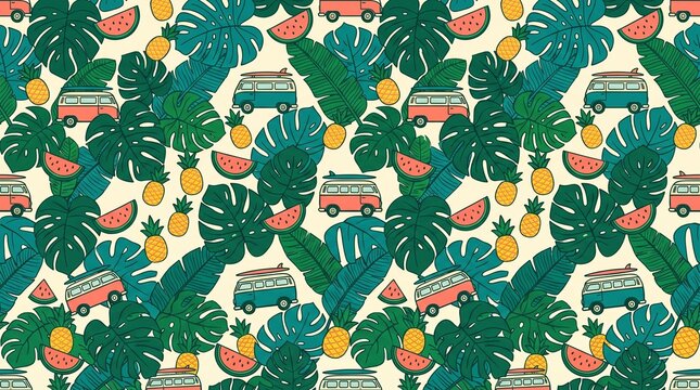 Tropical leaves and fruit seamless pattern background