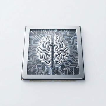 Metallic human brain symbol on a computer processor chip