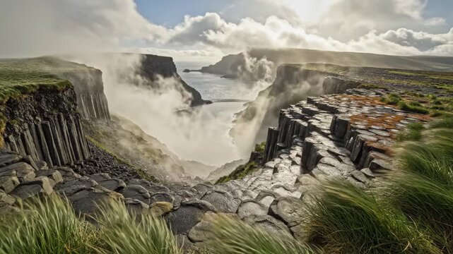 Veils of sea mist spill through a rugged volcanic gorge between towering basalt walls, while windblown grass and broken stone terraces frame a distant ocean beneath dramatic cloud light at dawn.