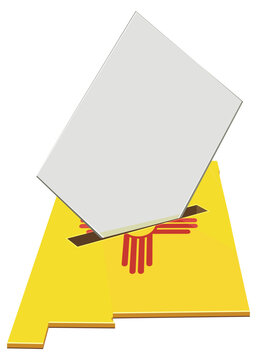 3D illustration representing democratic elections and civic participation in New Mexico, featuring a ballot being cast into a New Mexico state map ballot box (cut out)