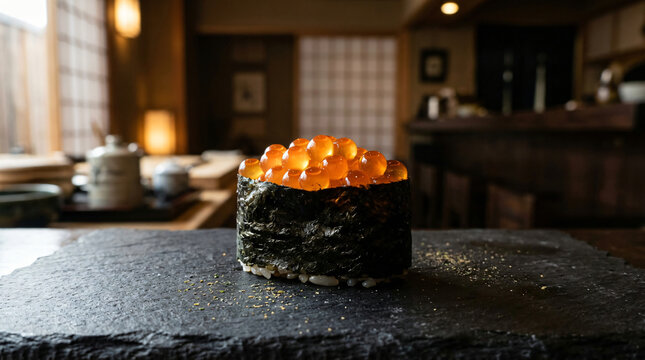 Fresh ikura gunkan sushi served on a black stone plate in a traditional Japanese restaurant.