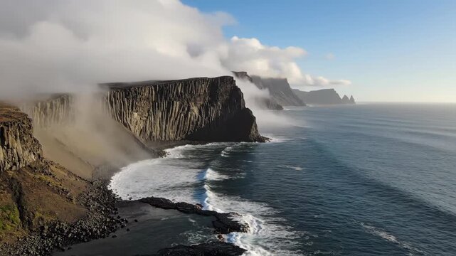 Broad volcanic headlands lined with vertical basalt faces meet a calm blue ocean as low marine fog rolls over cliff tops and drifts into secluded coves beneath a clear coastal sky at sunrise.