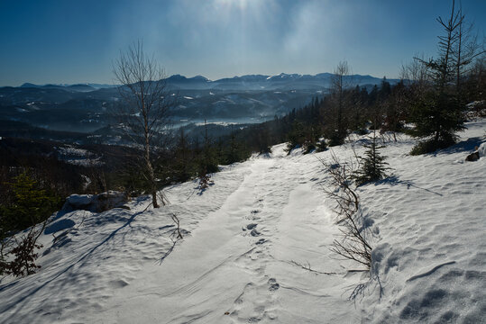 Mala Fatra mountains from surrounding of Bryzgalky settlement above Nova Bystrica village in Slovakia during winter