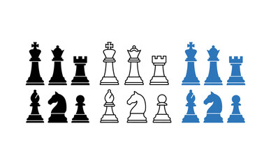 Minimalist chess pieces icon set, black white and blue chess symbols, strategic board game elements for business planning and competition © haseeb