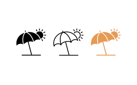 Minimalist beach umbrella icon set, summer sun and parasol symbols, vector line art for travel and vacation designs