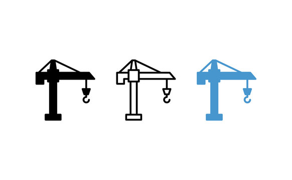 Construction crane icon set, industrial tower crane symbols in black solid, outline, and blue styles, heavy machinery vector design elements