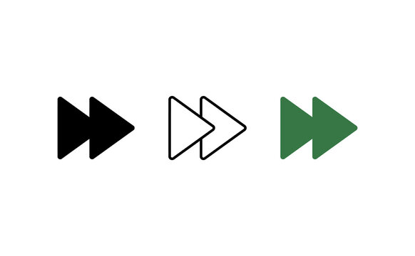 Fast forward icon set in black, outline, and green styles. Media player control symbols, next track and skip buttons for UI design