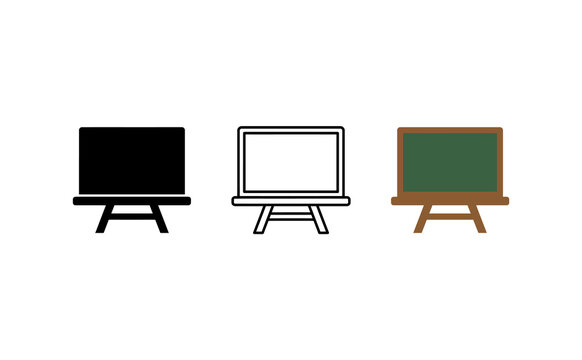 Minimalist blackboard icon set on wooden easel, simple school chalkboard vector illustration, classroom presentation board graphic elements