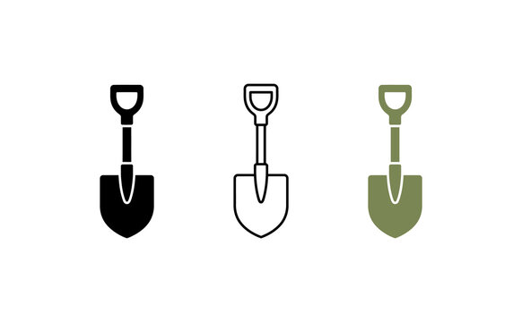 Minimalist shovel icon set in three styles, flat vector spade symbols for gardening and construction, isolated tool graphic elements on white background