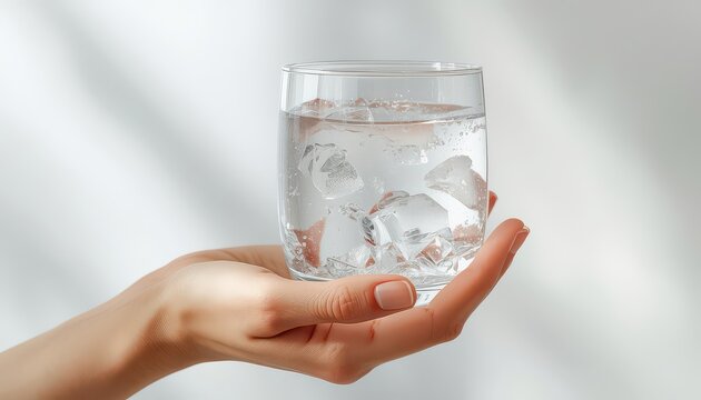 Glass of water containing ice cubes held gently by a woman hand against a neutral sunlit wall with delicate shadows.