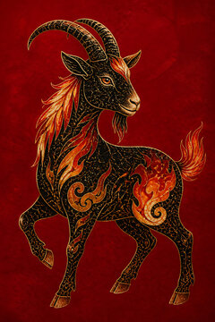 Artistic goat illustration with intricate fiery patterns on deep red background. Goat features elegant horns and vivid colors, enhancing its majestic appearance.