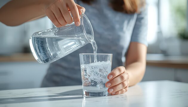Glass pitcher pouring fresh cold water into a glass with ice cubes on a marble kitchen table creates a refreshing drink moment.