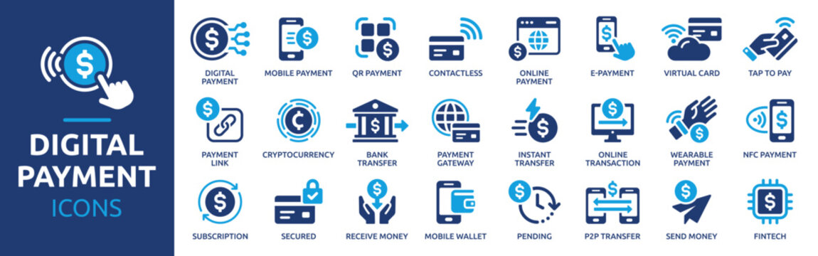 Digital Payment Icon Set. Containing Mobile payment, Contactless, QR, Wallet, Transfer and Online Payment Solid Vector Icons Collection