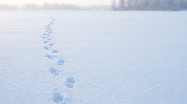footprints in snow leading into distant frozen field winter nature concept