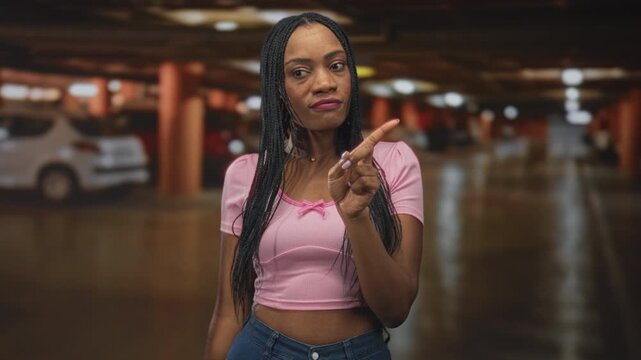 Black woman points finger forward with visible hand and pink crop top in parking building; defiance warning.