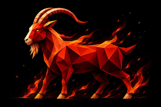 Geometric goat illustration with fiery red colors and sharp angles creating striking visual impact. Geometric goat design features bold shapes and intense flames, reflecting strength and energy.