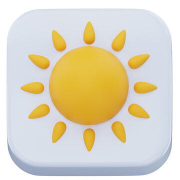 Yellow sun brightness on white square button 3D rendering for mobile display settings
