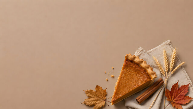 Pumpkin pie slice on beige background, autumn thanksgiving dessert with cinnamon and maple leaves, flat lay copy space