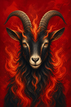 Striking crimson goat with fiery mane on vivid red background. This goat features intense, swirling flames, emphasizing its dramatic presence. Perfect design element for bold,