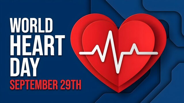 Emblem of World Heart Day with image of red heart on dark background. Medical sign on 29th of September. Vector illustration.