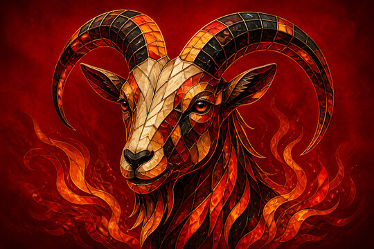 Stained glass goat illustration with fiery red background showcasing intricate patterns and details. Stained glass representation of goat emphasizes artistic craftsmanship and vibrant colors.