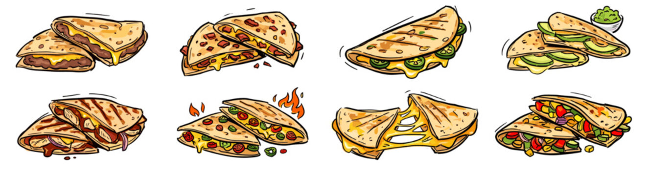Set of hand-drawn vector illustrations featuring delicious Mexican quesadillas with various fillings.