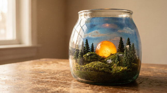 Miniature landscape scene with trees moss and sun inside round clear glass container on wood