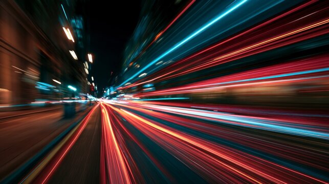 Abstract long exposure of colorful city traffic light trails at night representing high speed and dynamic urban motion.