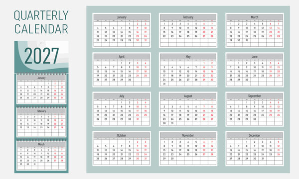 2027 quarterly calendar template with spiral wall calendar mockup and 12-month grid layout. Week starts on Monday, weekends in red. Minimalist design for printing and scheduling.