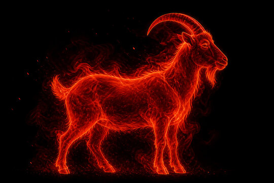 Fiery silhouette of goat emitting smoke in dark background, showcasing dynamic contours and vibrant colors. Goat representation embodies strength and vitality, symbolizing energy in creative designs.
