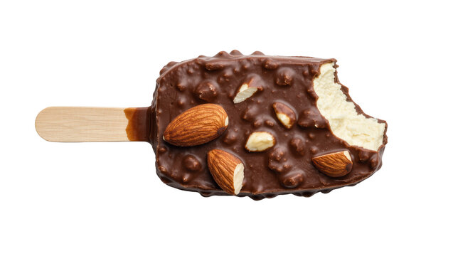 Chocolate almond ice cream bar with bite taken out, isolated on transparent background