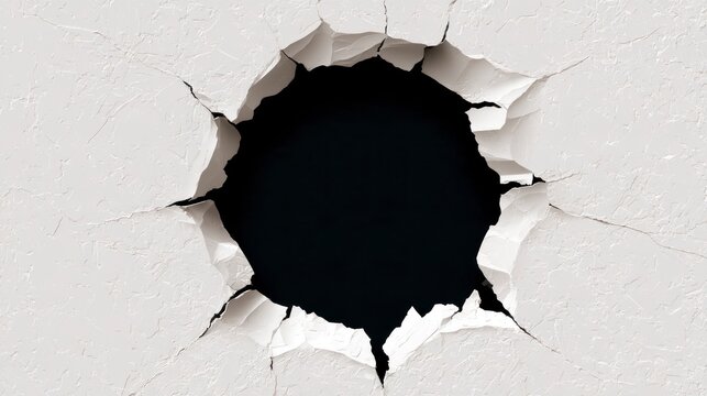 Jagged circular hole smashed through a white plaster wall with radiating cracks and a black void