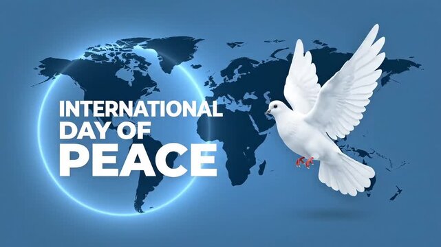International Day of Peace concept with white dove flying, world map background on blue, global harmony and non-violence message