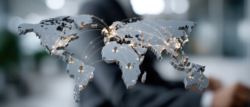 Digital map highlights key global locations with glowing points and lines, showcasing international connections and movements