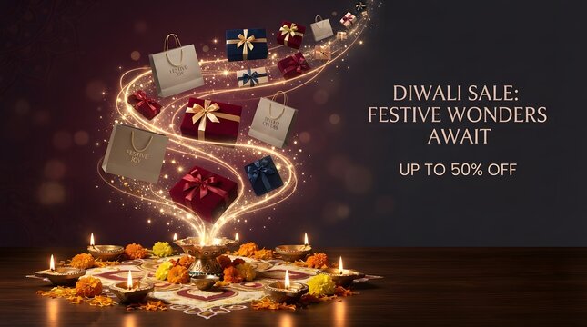 Diwali festival celebration background with glowing oil lamps and magical light swirls on a dark festive surface