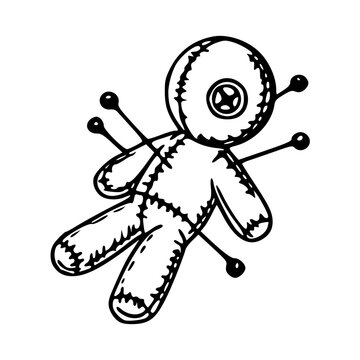 creepy stuffed voodoo doll line art vector illustration