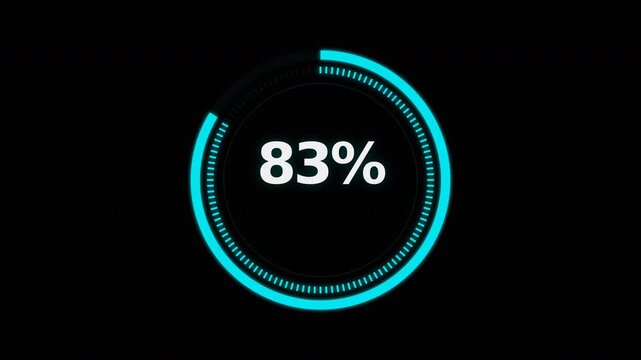 Glowing digital indicator with cyan circular progress ring showing eighty-three percent, concept for data processing and system update, ideal for user interface design and technology presentations.