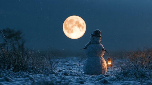 Snowman holding a lantern in a snowy field under a full moon on a peaceful winter night, magical christmas holiday landscape with snow covered ground and atmospheric moonlight