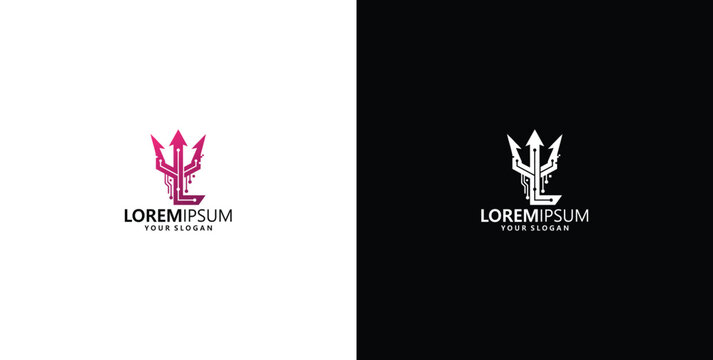 Abstract trident technology logo with integrated electronic circuit board pattern for modern digital branding and data network security concept