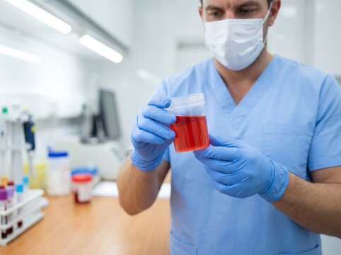 Medical professional examining a urine specimen cup in a clean clinical diagnostic laboratory with medical analysis urine sample lab technician diagnostic testing