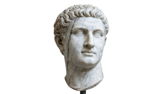 Ancient Roman marble bust of a man with curly hair, isolated on transparent background