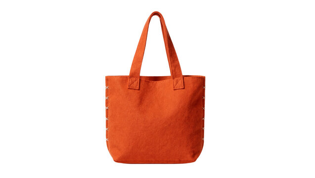 Orange felt tote bag with decorative stitching, isolated on transparent background