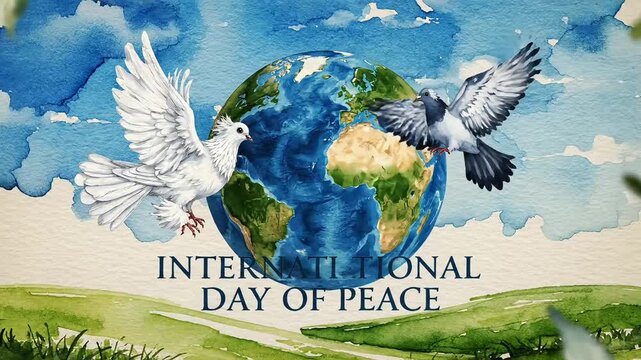International Day of Peace watercolor illustration, white and grey doves flying over planet earth, global harmony and world unity concept art