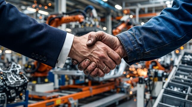 Business Executive and Factory Worker Handshake in Modern Manufacturing Plant | Industry Partnership