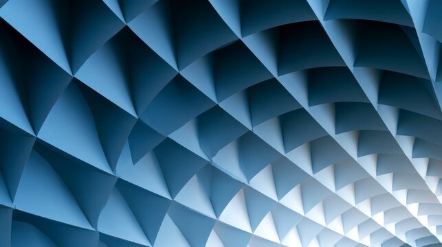 Modern abstract blue geometric background with a repetitive pattern of curved triangular shapes creating a 3D effect